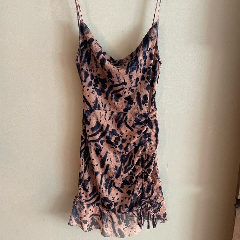 Petite mesh stone tie dye/animal print ruched bodycon dress.